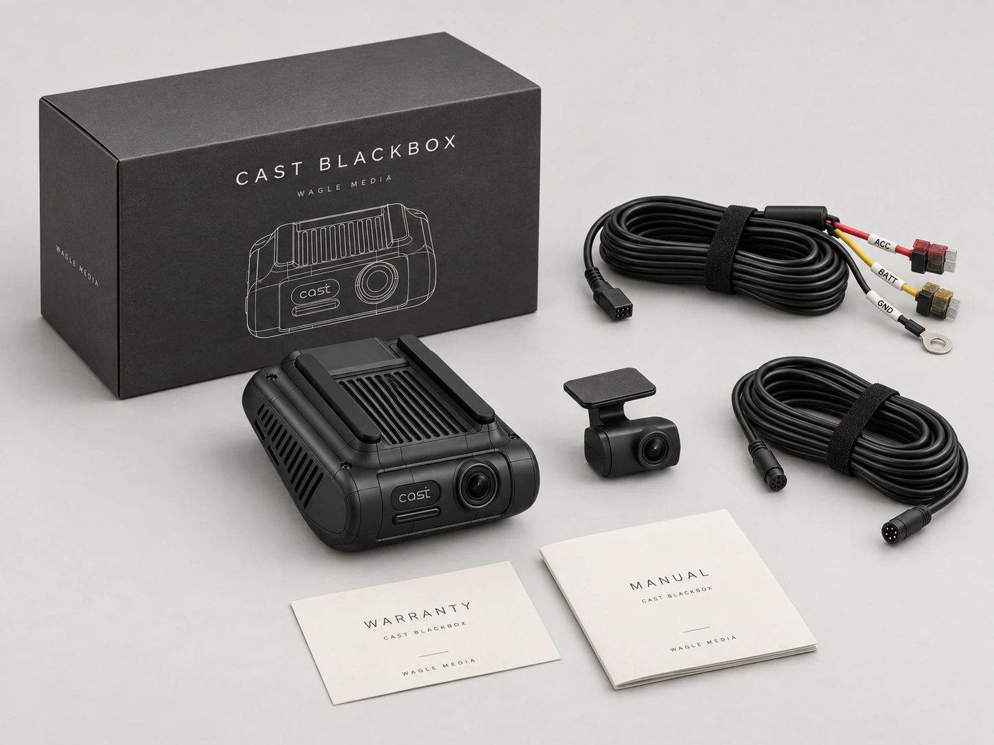 CAST BLACKBOX designed packaging and main unit, constant-power cable, rear camera, connection cable, warranty card, and manual