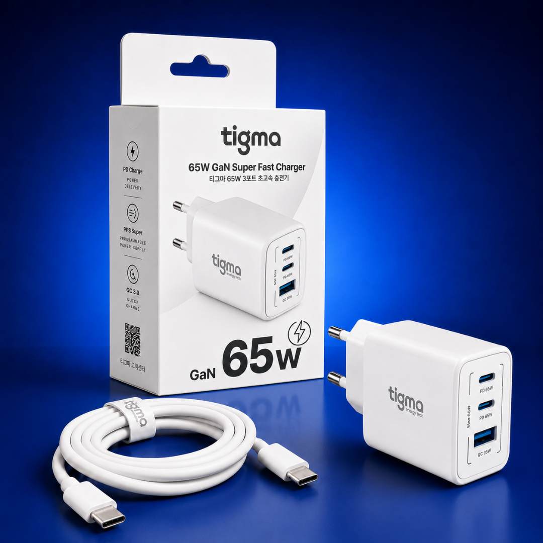 TIGMA 65W charger, C-to-C cable, and product packaging