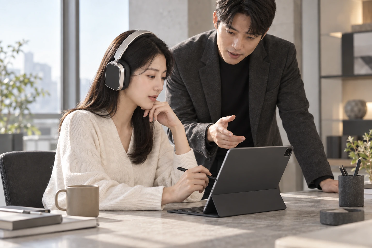 Usage scene of people wearing silver headsets and collaborating on a tablet