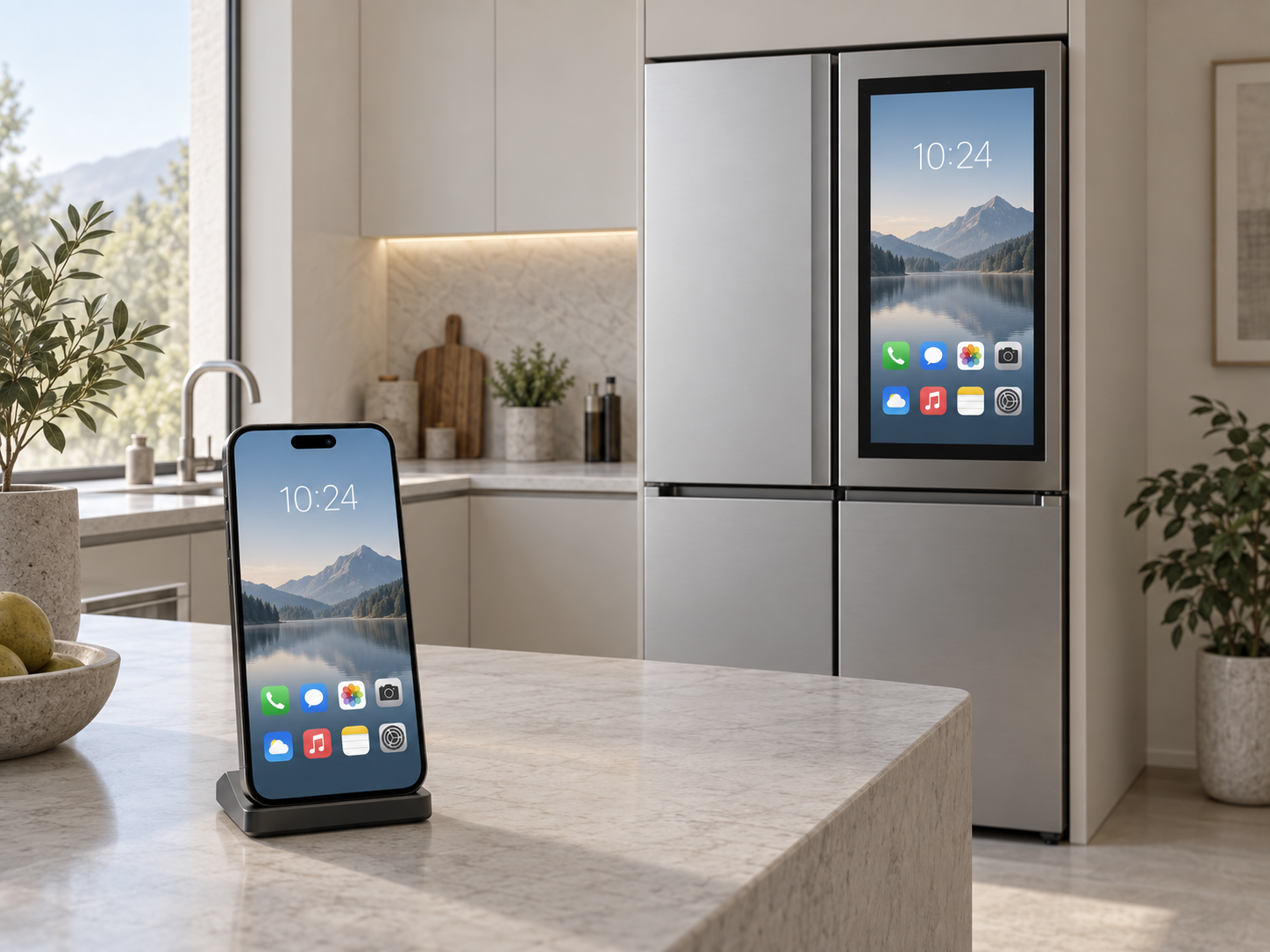 HOMEPLAY concept image connecting a smartphone screen to a refrigerator display