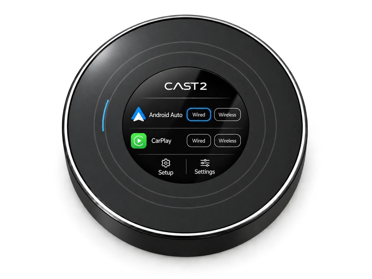 Black and silver CAST2 with a circular LCD for installation and setup