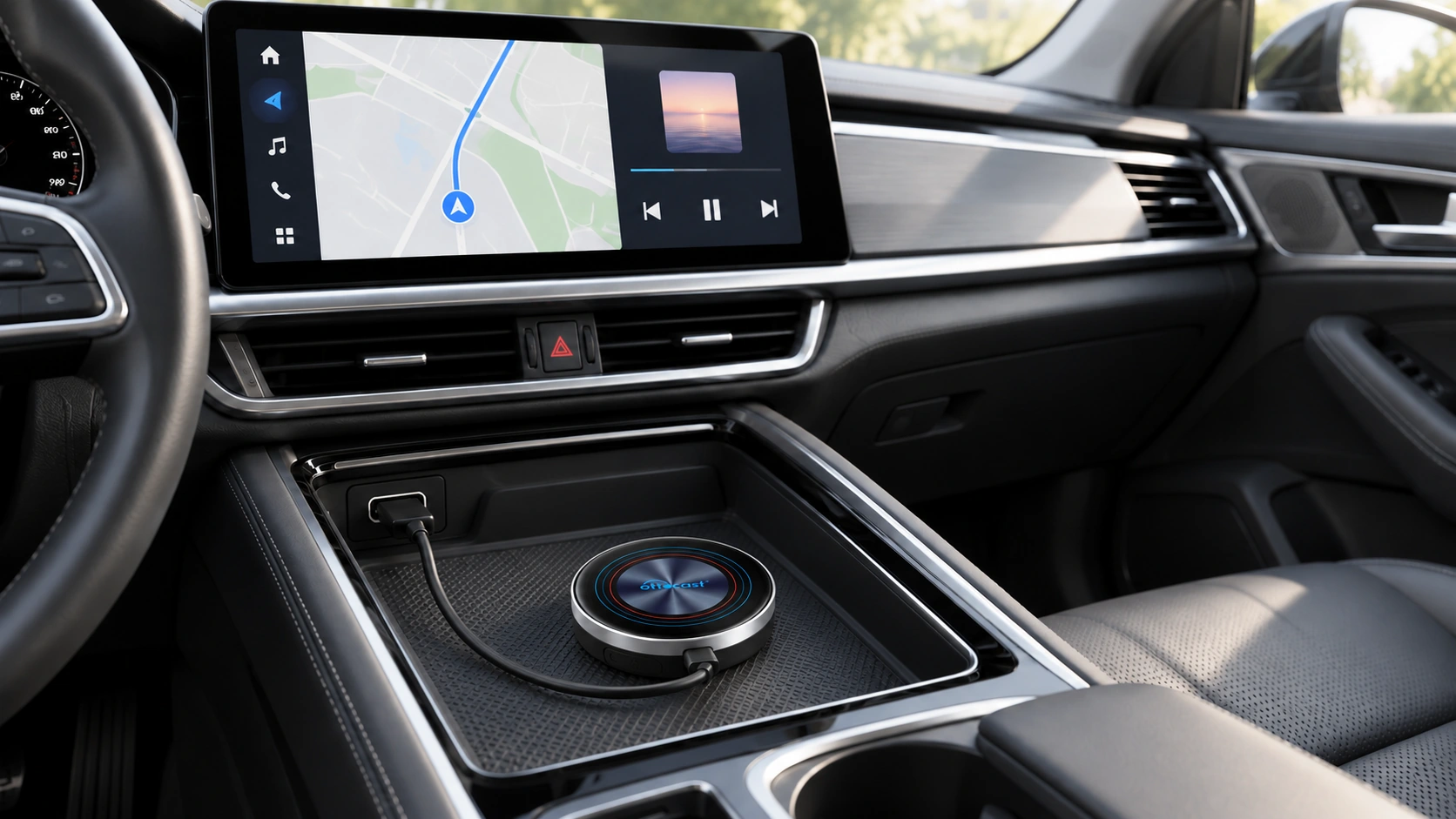 8cm-diameter OTTOCAST on the center console, with USB power and a connection to the vehicle display